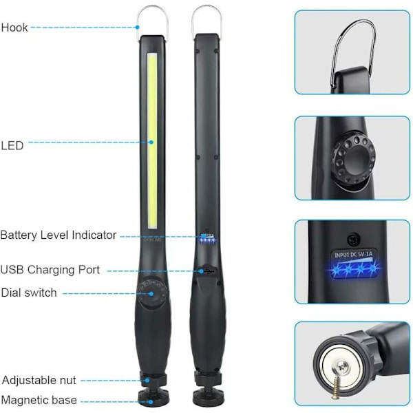 LED-arbetslampa - Ficklampa Verkstad Ljus COB Inspektionslampor Campinglampa med 750 Lumen, Magnetisk för Bilreparation, Verkstad, Hem, Camping