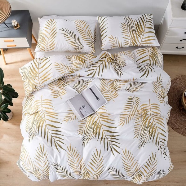 3-piece bedding set with golden tropical leaves duvet cover, 2x pillowcases 50x75cm and duvet cover 168x229cm-DENUOTOP