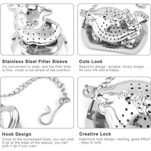 Teesuodatin, teesihti, 4 ruostumattomasta teräksestä valmistettua teenkeitintä, pidennetyllä ketjukoukulla ja pienellä tarjottimella (siat, pöllö, pallokala