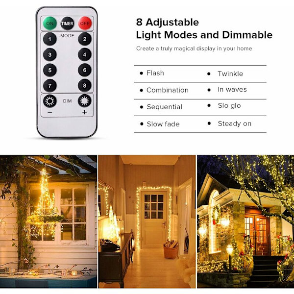 Fe-ljus, 12M och 120 LED-slingor batteridrivna IP65 vattentäta 8 lägen fe-ljus inomhus/utomhus fe-ljus för sovrum Ch