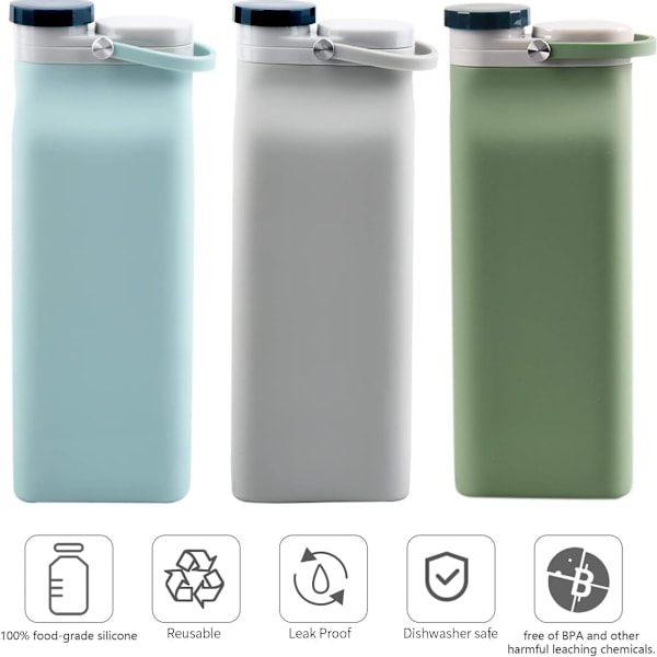 Hopfällbar Vattenflaska, BPA-fri - 590 ml Hopfällbar Vattenflaska för Resor, Sportvattenflaska, Trippel Läcksäker Lättvikt (Grön)