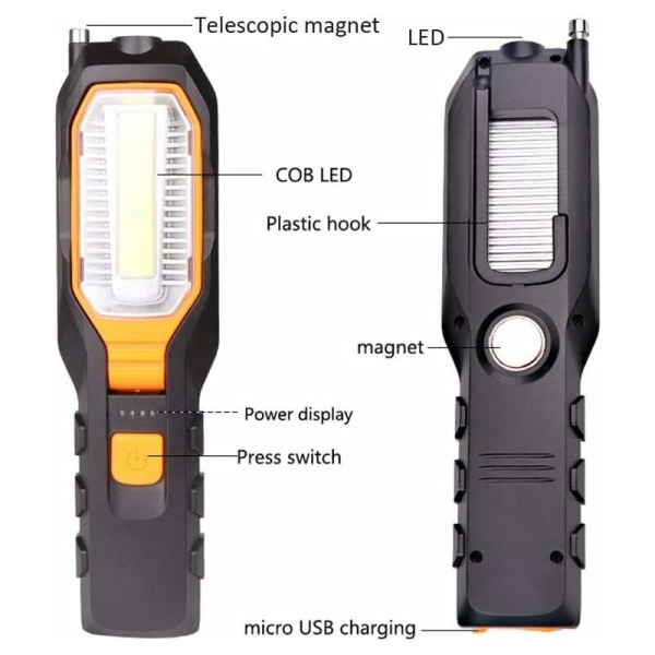 Arbejdslampe LED lommelygte genopladelig USB, bærbar værkstedslampe inspektionslampe Cob roterende magnetisk lommelygte med magnet og krog og 4 tilstande