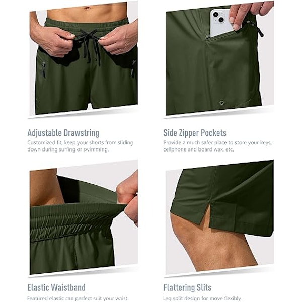 Herre Badeshorts Hurtigtørrende Strandshorts med Lynlåslomme Herre Badetøj - Uden Mesh Foring - XL - Army Grøn
