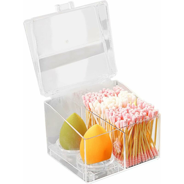 Bomuldsvatpindholder, Bomuldsdispenser, 1 stk. Bomuldsvatpindæske, Fremstillet af Ps-materiale, Med låg, Holdbar (12 x 10 x 9,5 cm, Stil B) HIASDFLS