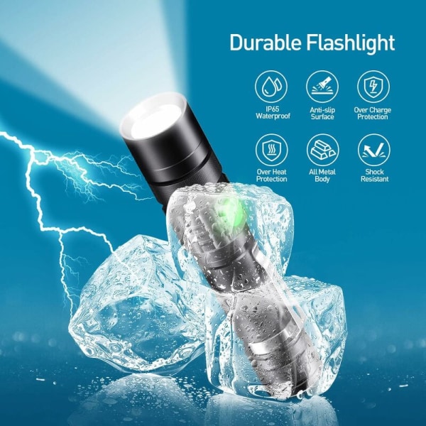 USB uppladdningsbar ficklampa, 2 superkraftiga LED-lampor i aluminium med klämma och zoom för camping, vandring i nödsituationer HIASDFLS
