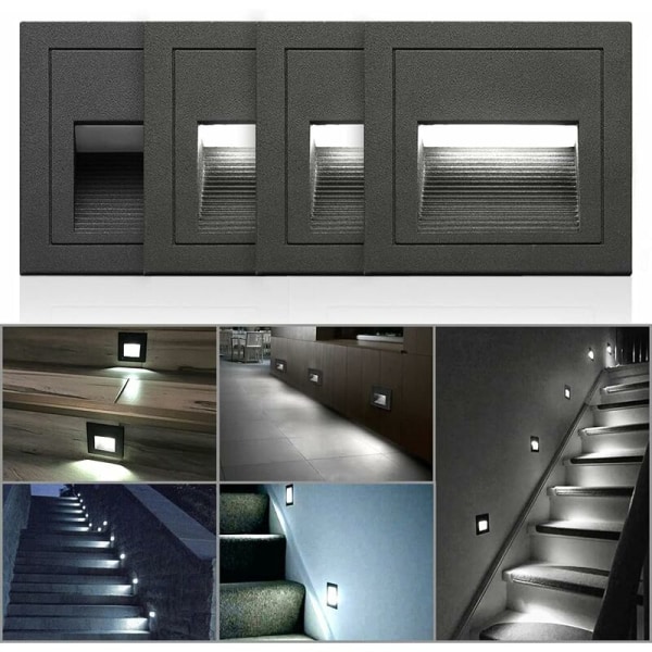 3W LED infälld vägglampa, kall vit IP65 vattentät trappljus, stegljus, aluminium, dekoration utomhus inomhusbelysning svart hölje