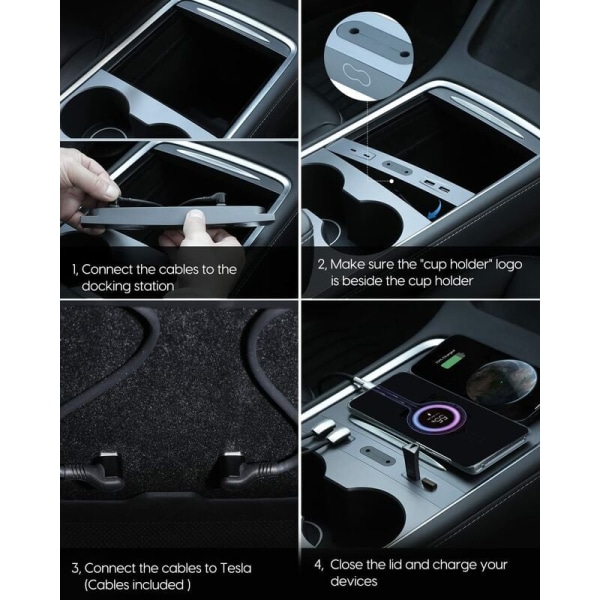 Multiport billader til Tesla Model 3/Y (2021-2023), USB-hubb i midtkonsollen, dokkingstasjon 100 % kompatibel med Tesla Model 3/Y, Tesla-tilbehør