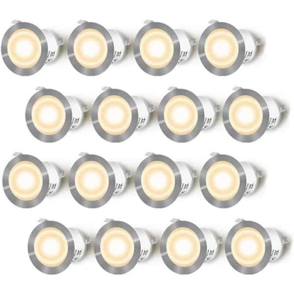 16-pack LED-infällda spotlights för träterrass, vattentäta IP67, utomhusinfällda spotlights, 0,6W DC12V, varmt vitt ljus, minilampa K