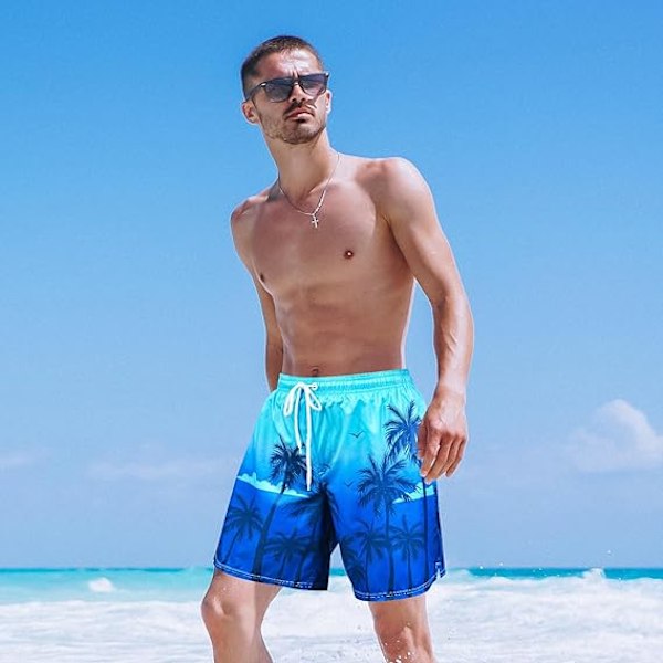 Badbyxor för män med kompressionsfoder, strandshorts, snabbtorkande badshorts, baddräkt med dragkedja - storlek L