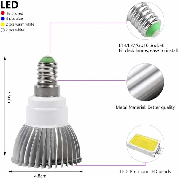 10W 28LED kasvivalolamppu täyden spektrin valaistus 7 aallonpituuden puutarhavalolla AC 85-265V kasveille, kukille ja vihanneksille