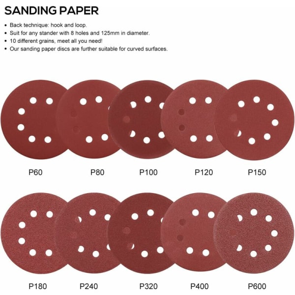 Sandpapper, slippappar, 100 st 125 mm skivor, 10 ark per korn, slipmaskiner för excenterslip, för oscillerande multiverktyg - F1602000101