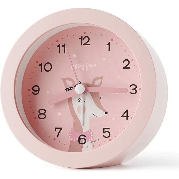 Icke-tickande väckarklocka för barn, barnväckarklocka med nattljus, sovrum, säng, söt teckning, batteridriven (rosa)
