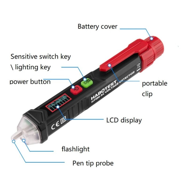Beröringsfri spänningstestare, spänningstestare med dubbel känslighet 12V/48V-1000V, LCD-display, test av levande/neutral ledning, ficklampa, ljudlig A