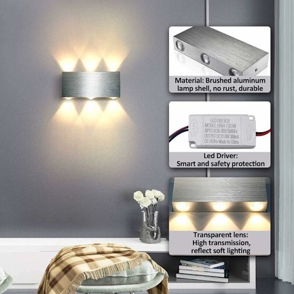 LED væglampe 6W indendørs væglampe moderne firkantet op og ned aluminium belysning dekoration lys til soveværelse kontor seng gang stue hotel