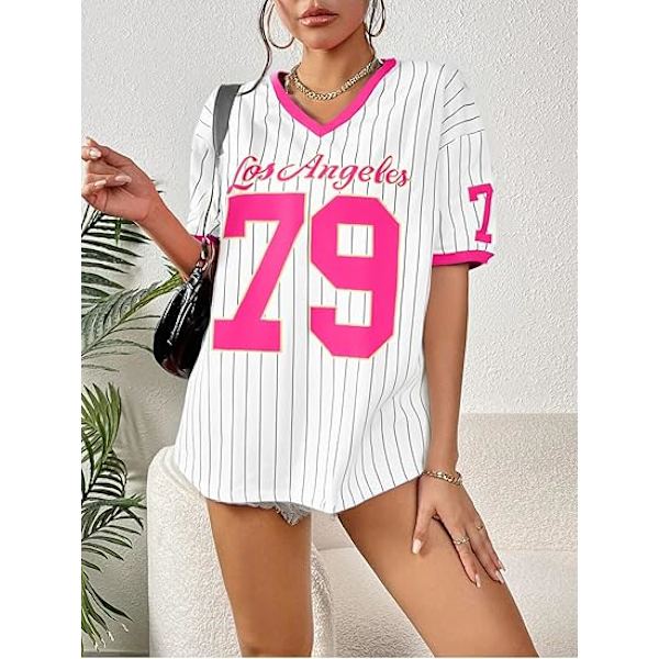 Oversized sweater til damer med V-hals, stribet digital grafisk skjorte, afslappet street style T-shirt toppe - Large - Pink