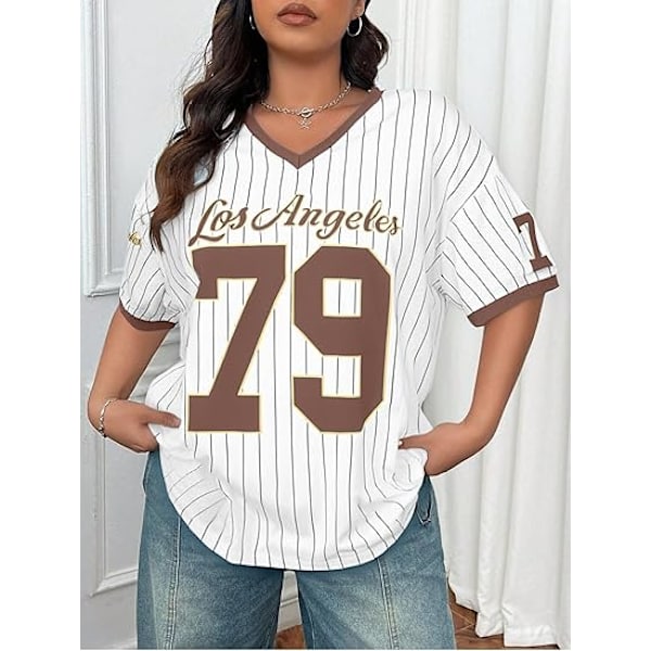 Oversized sweater til damer med V-hals, stribet digital grafisk skjorte, afslappet streetwear T-shirt toppe - Størrelse L - Lysebrun