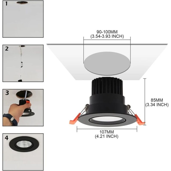 3 x LED-downlights, 9W COB infälld taklampa, kall vit 6000K, 900LM, AC 220-240V, Ra≥90, utskärning 90-100mm, strålvinkel 24°, IP44, för badrum,