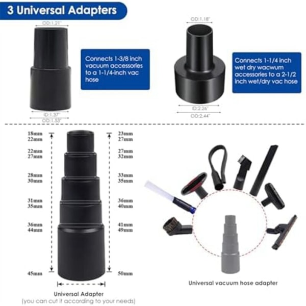 Universal 1 1/4 tommers støvsugertilbehørsett for butikktilbehør med støvsugerbørstefester, fleksibelt spalteverktøy
