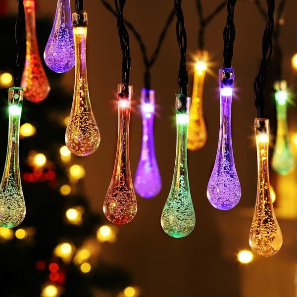 Julelys, solcelledrevne utendørs julelys, flerfarget, 40 LED, 6,8 m, eventyrlys, vanndråpe, regndråpe, vanntett lysdekorasjon