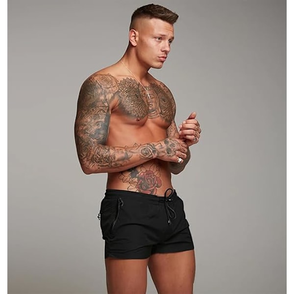 Badbyxor för män, snabbtorkande badkläder med dragkedjefickor, badshorts med meshfoder - Storlek L - Svart