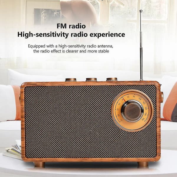 Retro FM-radio, portabel Bluetooth-radio i trä, bas-högtalare, handsfree MP3-spelare, stöder USB/TF-kort för bil