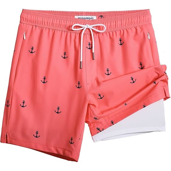 2-i-1 Badbyxor för Män 7 Tums Badshorts Set Boardshorts - Storlek L - Rosa