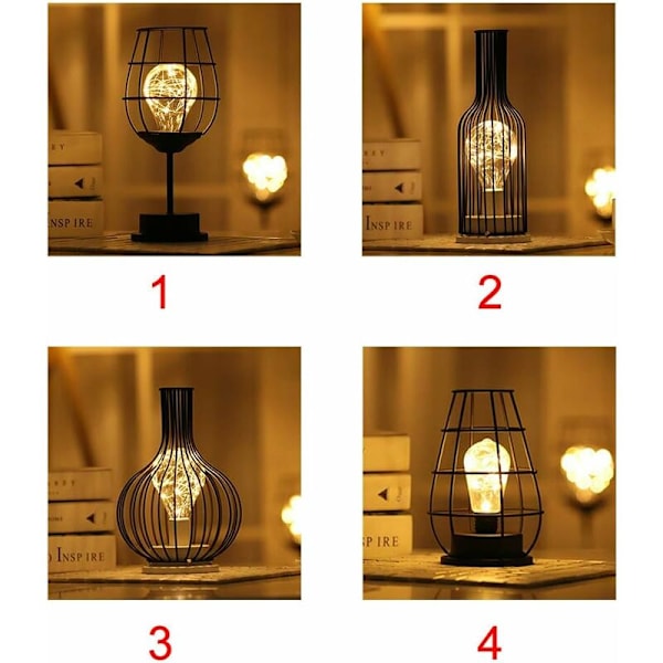 Moderne jern svart metalltråd bordlampe - Bur stil - Retro nattlampe - Batteridrevet - For soverom, 2