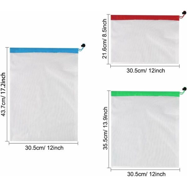 Genanvendelig og vaskbar netpose til opbevaring af fileter, inklusive 3 størrelser til dagligvarer, frugt, grøntsager, blomster, legetøj og andre små ting