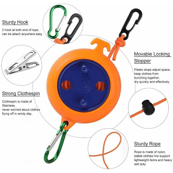 Retractible Camping Clothesline, with 10 Fixed Loops and 20 Clothes Pegs, 8M Outdoor Adjustable Clothesline for Outdoor Travel Vacation Camp