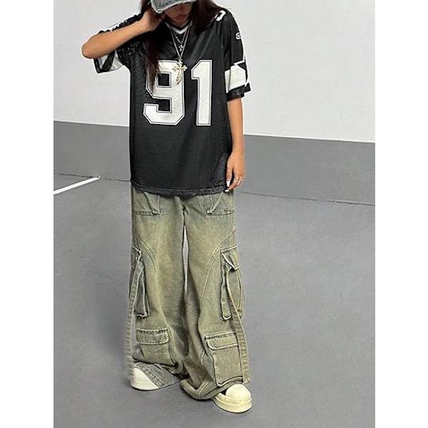 Grafisk fodboldtrøje til kvinder V-hals Kortærmet Løs T-shirt Streetwear - Sort - Størrelse M