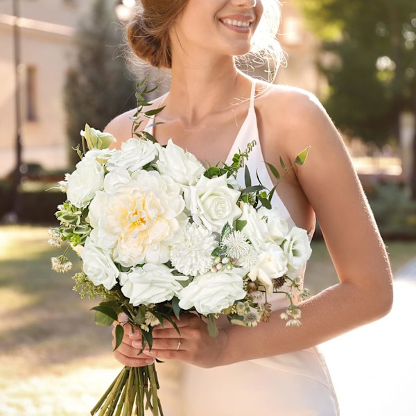 Hvide Kunstige Blomster Combo Silke Mix Pæon Rose Hortensia Tusindfryd Falske Blomster m/Stilk til DIY Bryllupsbuketter Borddekorationer