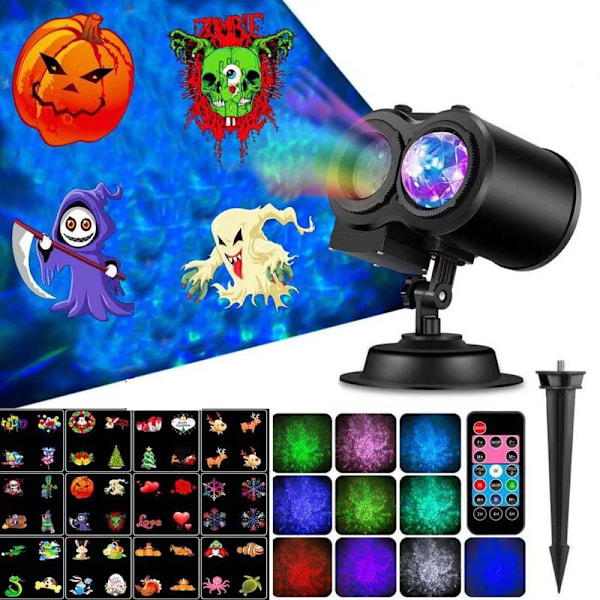 Juleprojeksjonslampe, 12 lysbilder + 10 farger LED-bølge lysprojektor IP65 utendørs med fjernkontrollprojektor for jul, Halloween,