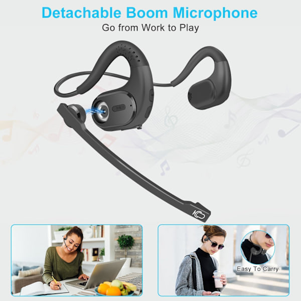 Bluetooth Headset - Avtakbar Mikrofon, DSP Støyreduksjon, 12H Batteri for Telefon/PC/Laptop