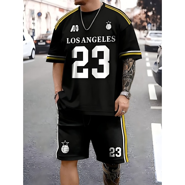 Strikket T-shirt med bogstavprint til mænd, oversized, shortsæt med korte ærmer - afslappet fodbold sweatshirt med rund hals - Størrelse L - Sort