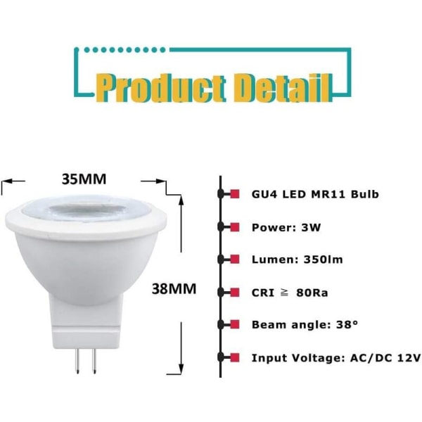 3W MR11 GU4 LED-lamppu, viileä valkoinen 6000K AC/DC 12V, vastaa 35W halogeenilamppua, sopii täydellisesti kotiin, toimistoon, kauppaan, supermarkettiin, baareihin, kahviloihin