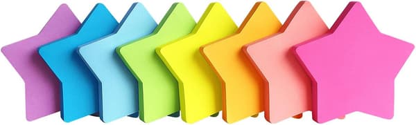 Otte stjerneformede sticky notes i 8 levende farver