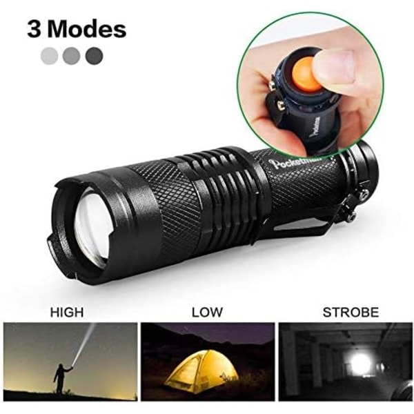 Blåljus LED-ficklampa, Superstark, Justerbart fokus, 4 ljuslägen, Lång batteritid, Vattentät, Kompakt fickformat för strömavbrott, Nödsituationer