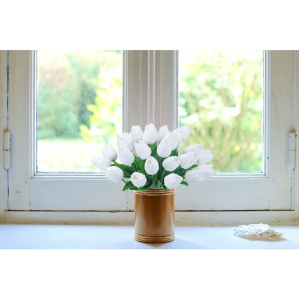 Artificial Tulip Fake Holland Mini Tulip Real Touch Flowers 24 Pcs for Wedding Decor DIY Home Party (White)