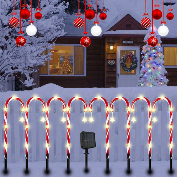 Julepynt - 8 solcelledrevne candy Cane-lys, 8 moduser, Candy Cane-stimarkører, dekorative LED-hagelys -DENUOTOP