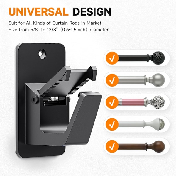 Universelle Gardinstangholdere uten boring - Selvklebende, opptil 13,6 kg, for bad, soverom, stue, kjøkken - 2 stk, svart