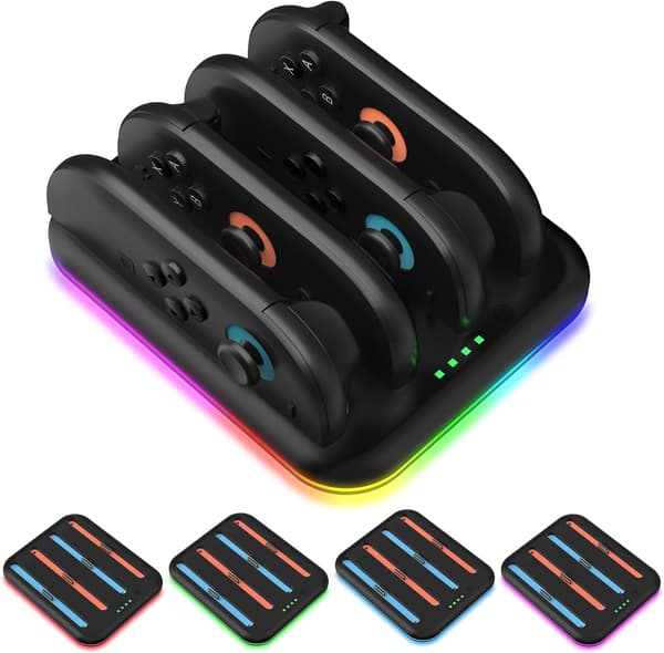 4-i-1 Oplader til Switch 2 Joy Con Ladestation med LED-indikator, Sort