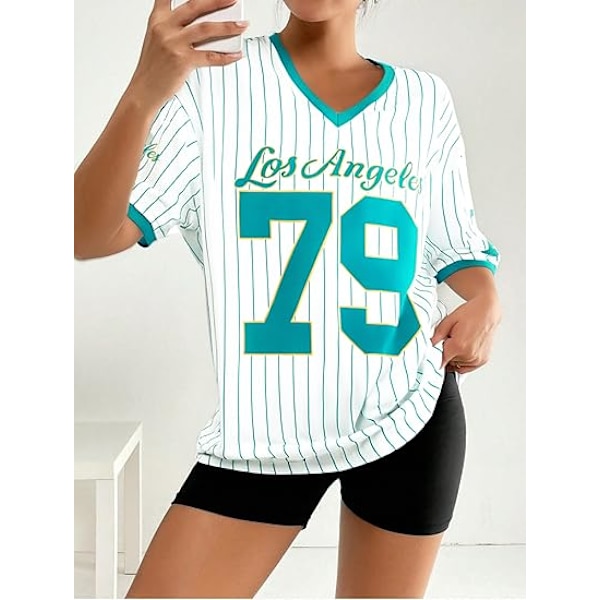 Oversized sweater til damer med V-hals, stribet digital grafisk skjorte, afslappet streetwear T-shirt toppe - Large - Grøn