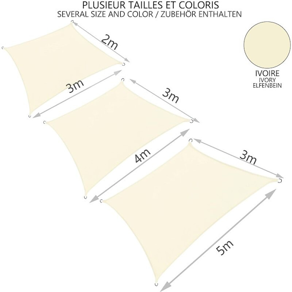 Suorakulmainen aurinkopurje, vedenpitävä, UV-suoja 95%, polyesteriä, kestävä ja hengittävä, puutarhaan, terassille, köydellä, 3x2m, beige
