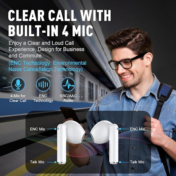 Bluetooth 5.3 Trådløse Øretelefoner - 40 timers spilletid, støjreducerende mikrofon, IPX8 vandtæt til iPhone/Android