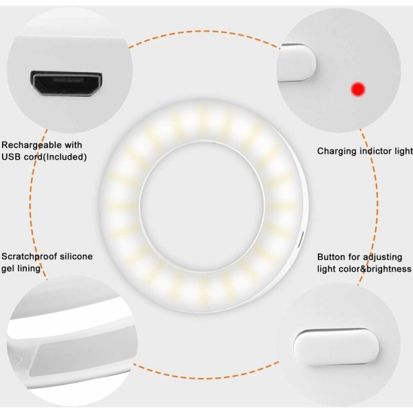 Selfie-ljus, 40 LED-ringljus, selfie-kameraljus med 3 justerbar ljusstyrka, USB-laddningsbart justerbart ringljus för alla mobiltelefoner