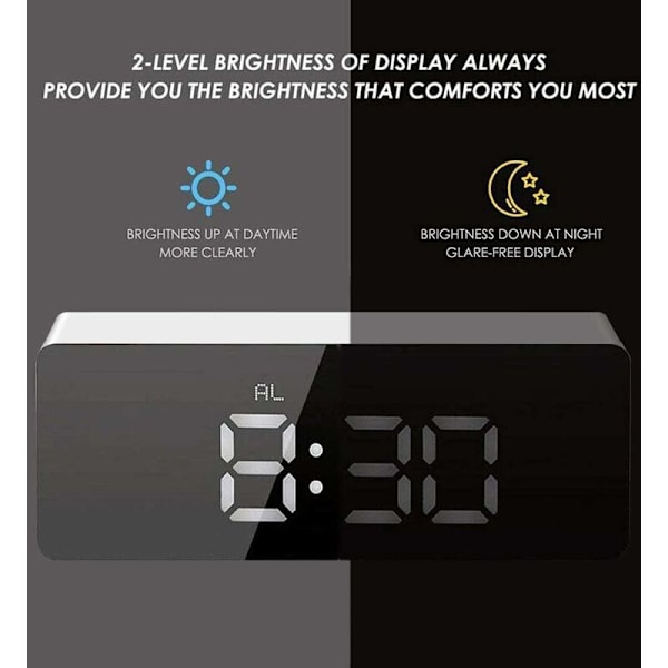 Spegelväckarklocka, digital väckarklocka med LED-display av datum/temperatur/snooze/2 larm/USB-laddningsport, för rese-sovrumskontor