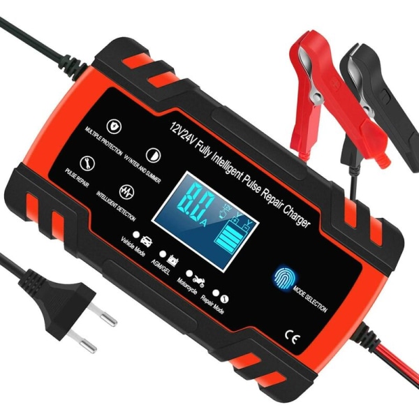 8A 12V/24V smart bil- og motorcykelbatterioplader, bilbatterioplader vedligeholdelsesenhed, 3-trins batterioplader og automatisk reparationsfunktion.