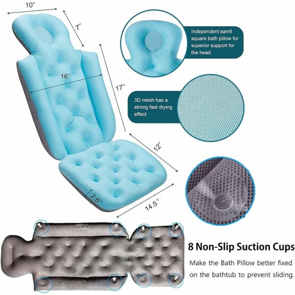 Full Body Bath Pillow med 10 sterke sugekopper, Nivellering og forlengelse badeputer, Ergonomisk badekar Spa badeputer for hele kroppen S