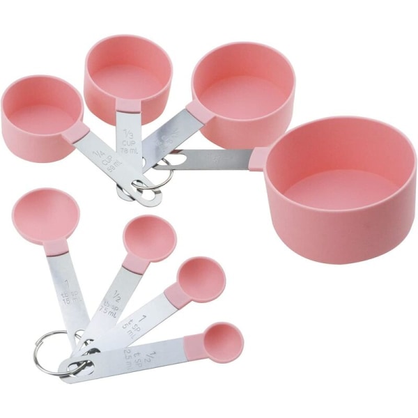 8 Piece Pink Measuring Cups and Measuring Spoons Set Stackable Plastic with Stainless Steel Handle for Baking, Baking