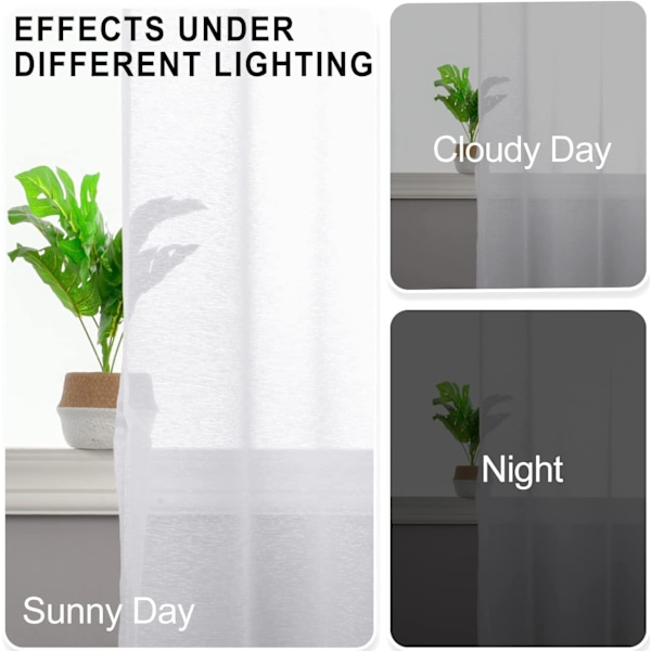 Hvite, transparente gardiner 213 cm lange - Halvtransparente paneler med maljer (sett med 2) - 132 cm brede med knytebånd for soverom og stue